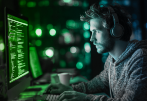 photo of a man wearing headphones sitting at a desk looking at a computer monitor